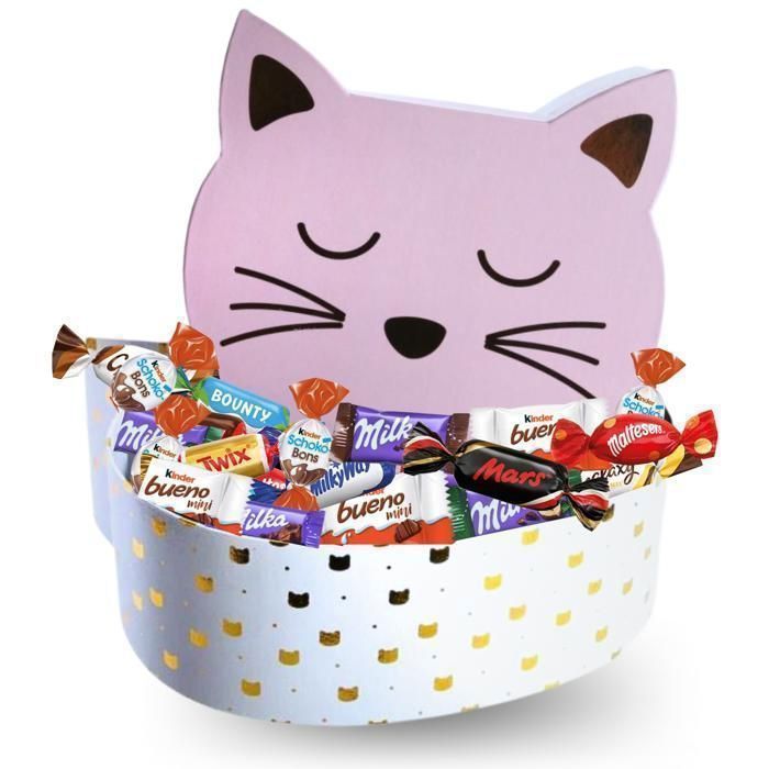 Gift Box - Pink Cat Box filled with an assortment of 140 Celebrations, Milka, and Kinder chocolates | Mother's Day Gift