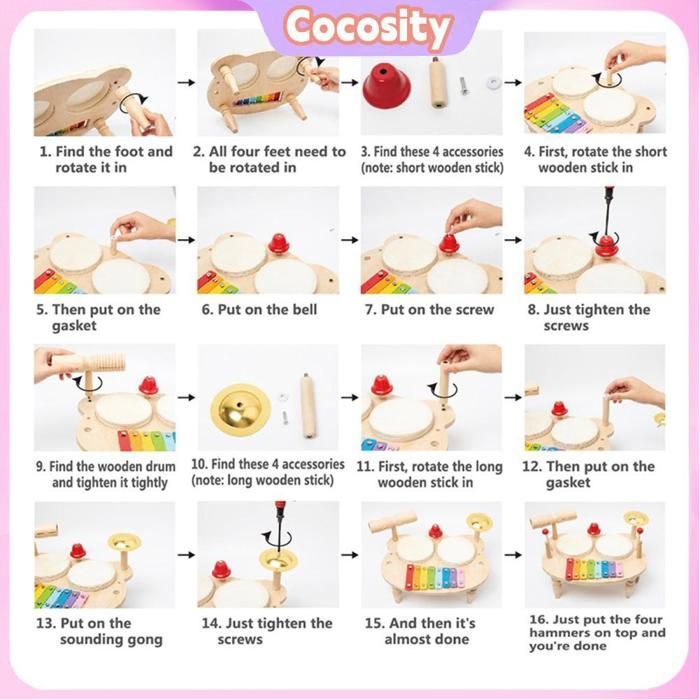 Kit de Música de Madeira Cocosity, Bateria Infantil, Instrumento de Percussão Educativo