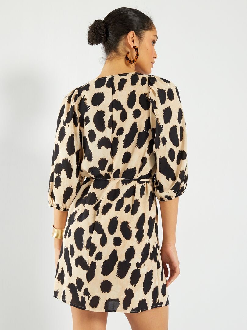 Jurk met pofmouwen en stippenprint - BRUIN