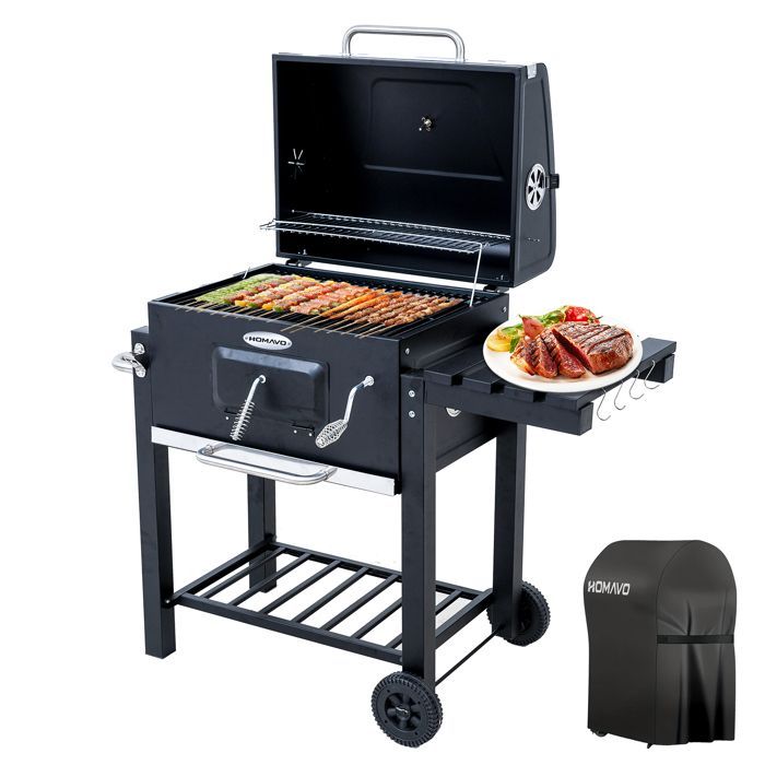 Barbecue a carbone HOMAVO, vassoio per il carbone regolabile in altezza, tavolino laterale pieghevole, termometro e copertura per barbecue inclusi.