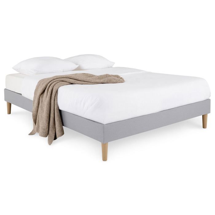 Base de cama tapizada VANNES de 120 x 190 cm, estructura de madera y revestimiento de tela gris, estructura de cama con patas y somier de láminas.