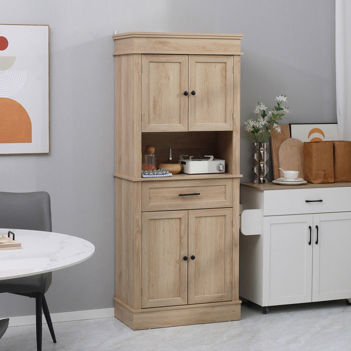 Kitchen cabinet with sideboard - HOMCOM - modern sideboard with cupboards, adjustable shelves, drawer, and niche - wood - 74 x 39.5 x 183 cm - oak