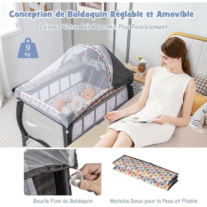 COSTWAY Lettino da viaggio pieghevole 5 in 1 con materasso, giocattoli sospesi, carillon, capottina rimovibile, 2 ruote, 0-3 anni, 15 kg, colorato