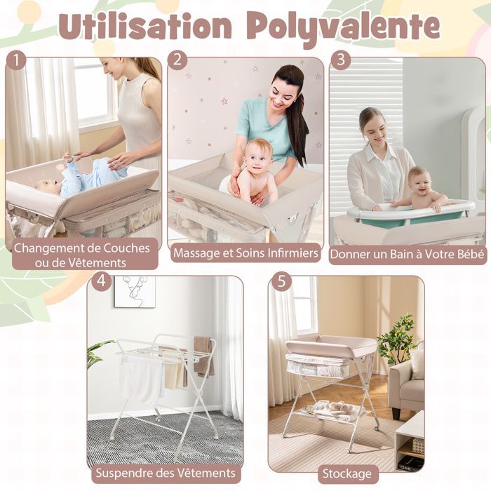 Cambiador para bebés COSTWAY - Plegable - 3 niveles de altura ajustables - Papelera - Cesta de almacenamiento - Estante - Ruedas con freno - Beige