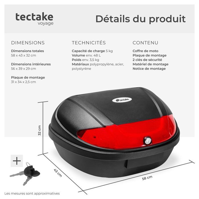 Maletero para ciclomotor - TECTAKE - MATZE Maletero para 2 cascos, 48 L de capacidad con mecanismo de cierre seguro