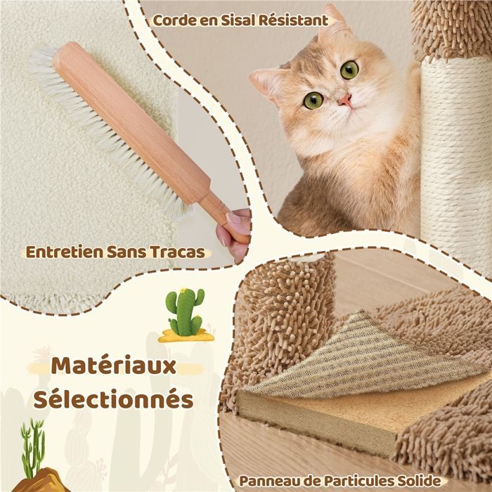 Albero per gatti Yaheetech in peluche a forma di cactus con pali in sisal, piattaforme, nicchia, cestino e trespolo, nei colori beige e marrone.