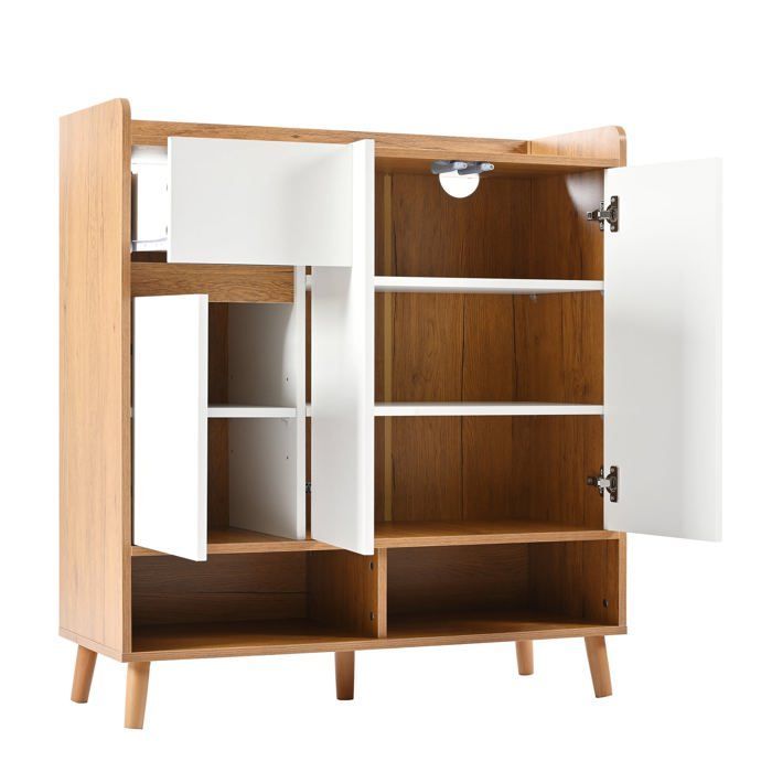 Cómoda/aparador/zapatero blanco y de madera, 90x35x99 cm, con estantes ajustables y patas de madera maciza.
