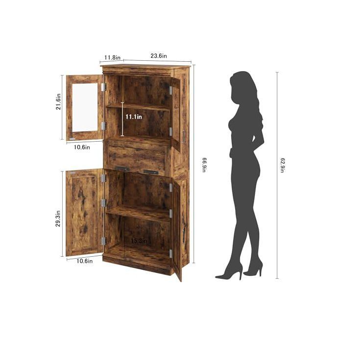 Mueble de baño, 170 cm de altura, con estantes ajustables, 4 puertas, 1 cajón y compartimento, color marrón.