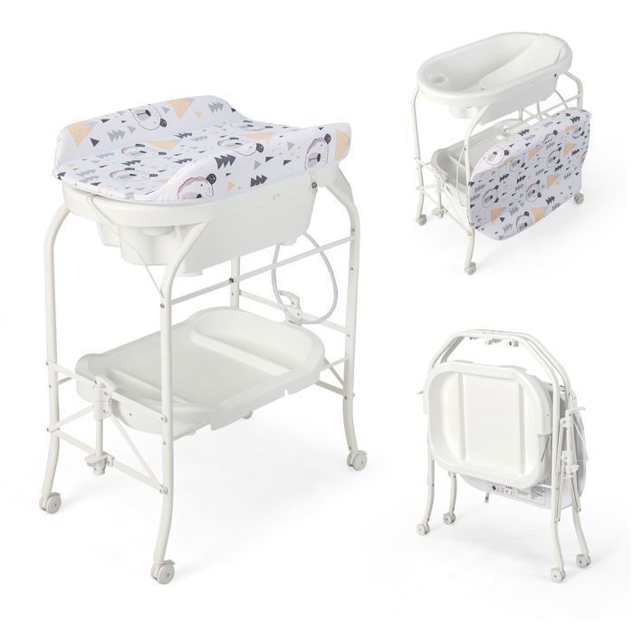 Cambiador plegable 4 en 1 para bebés COSTWAY con bañera (20 L) - 4 ruedas, manguera de 1 m, bandeja de almacenamiento, cojín de PVC impermeable - Capacidad de 35 kg - Blanco