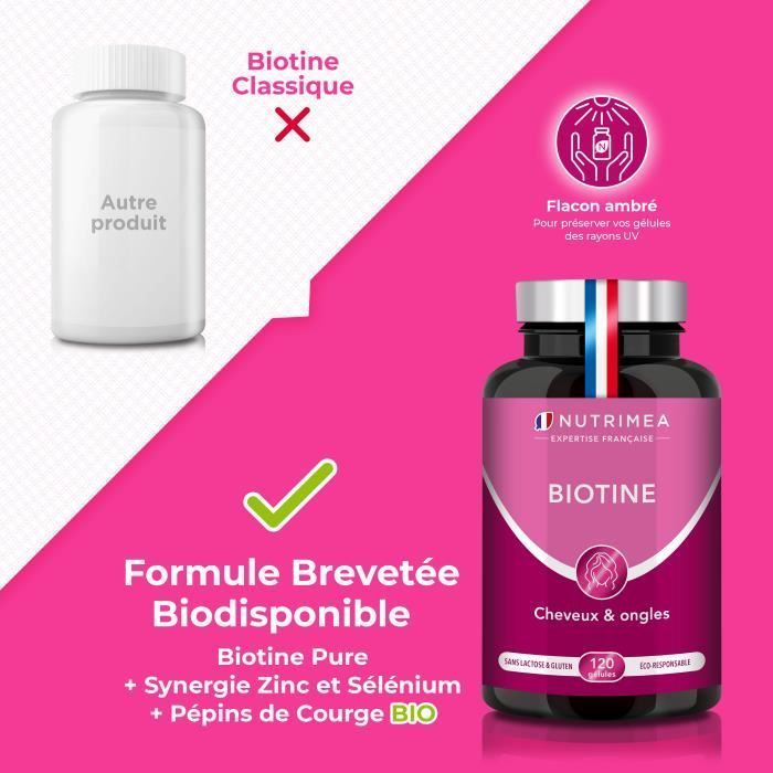 Biotine • Complément Alimentaire pour la pousse des cheveux, des ongles • Fabrication Française • 120 Gélules Végétales - Nutrimea