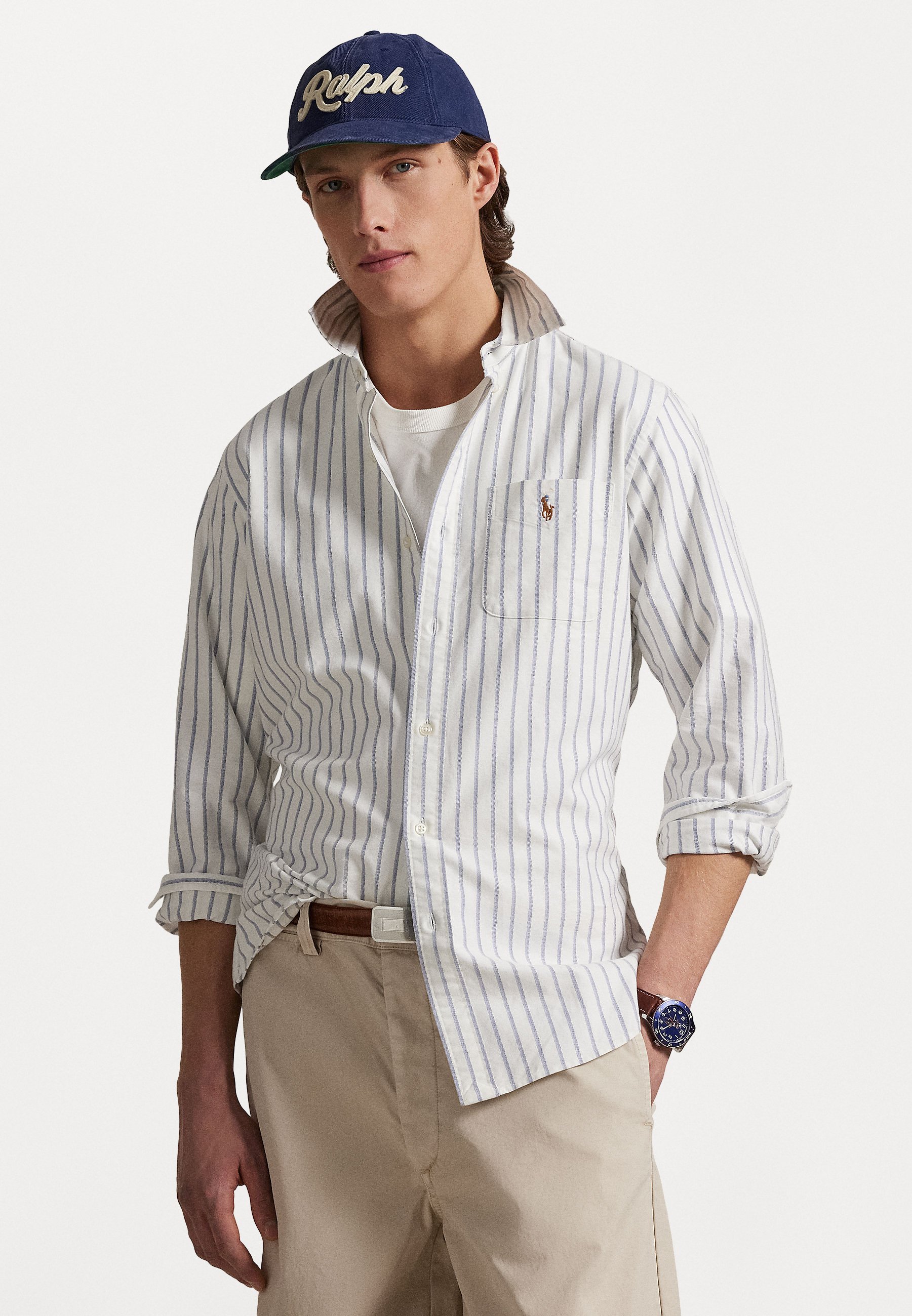 Polo Ralph Lauren CUSTOM FIT STRIPED OXFORD SHIRT - Marškinėliai - balta/mėlyna marškinėlius
