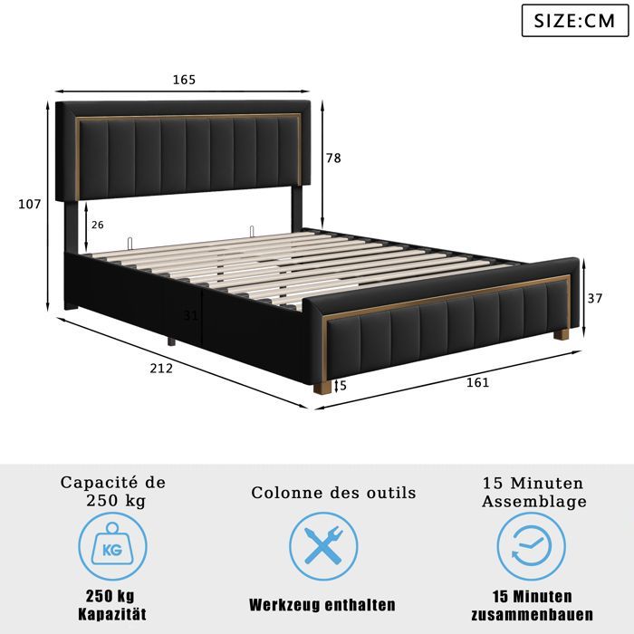 Lit coffre 160 x 200cm, Lit adulte, lit capitonné, avec tête de lit, tissu en velours, cadre de lit, avec levier hydraulique, Noir