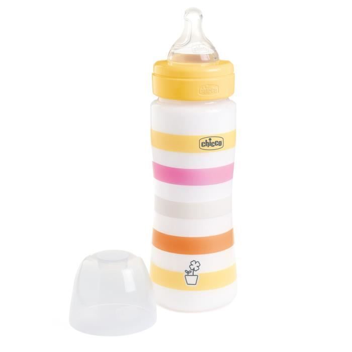 Biberón Chicco Wellbeing 330 ml - Tetina de silicona - Flujo rápido - 4 meses+ Amarillo