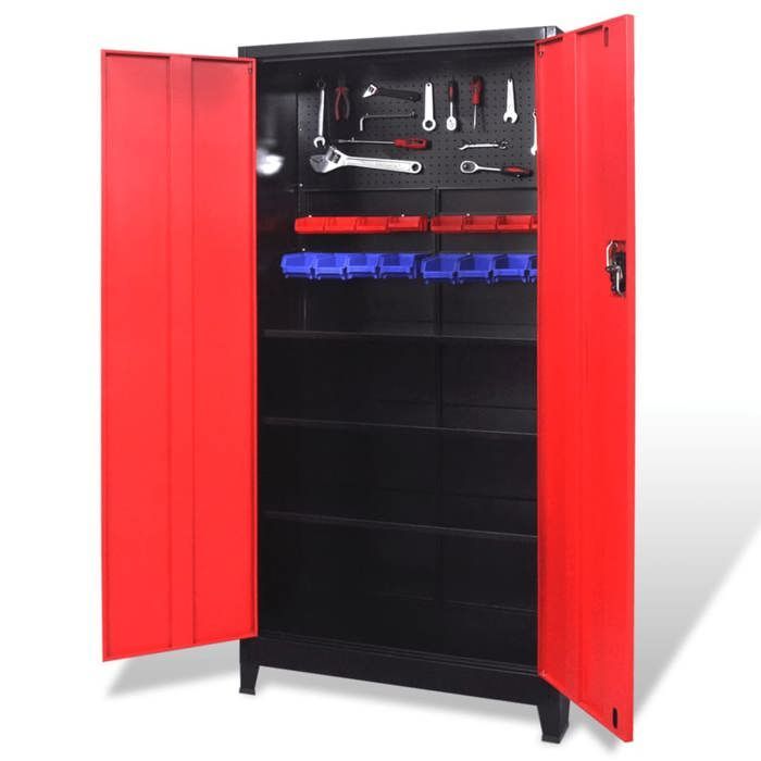 Armario de herramientas - vidaXL - 2 puertas - Acero - Negro y rojo - 90x40x180 cm