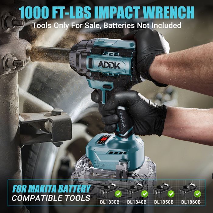 Llave de impacto inalámbrica sin escobillas de 1000 Nm - 5 vasos - 1/2 pulgada - 6 velocidades - Compatible con baterías Makita