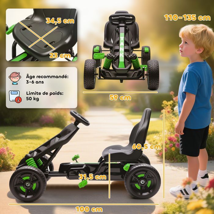 Kart à pédales pour enfants - AIYAPLAY - roue libre, frein, roues EVA antidérapantes - plastique et métal - 100x59x60,5cm - vert