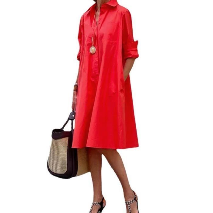 Robe pour femmes chemise Simple décontractée de couleur unie à manches longues col rabattu poche élégante Rouge