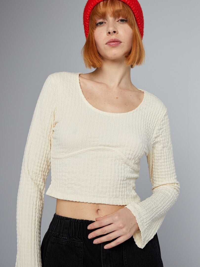 Gebreid T-shirt met textuur - BEIGE