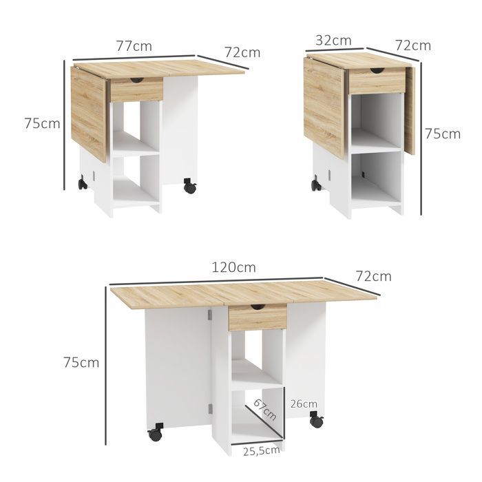 Folding dining table, extendable kitchen table for 2 to 4 people, 2 drop leaves, 120 x 72 x 75 cm, oak