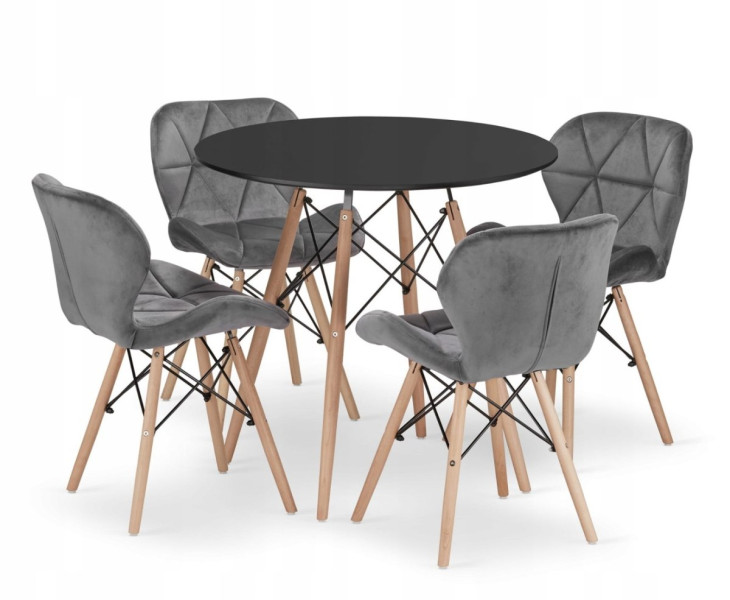 Zestaw stół okrągły TODI 80 czarny   4 krzesła LAGO szare