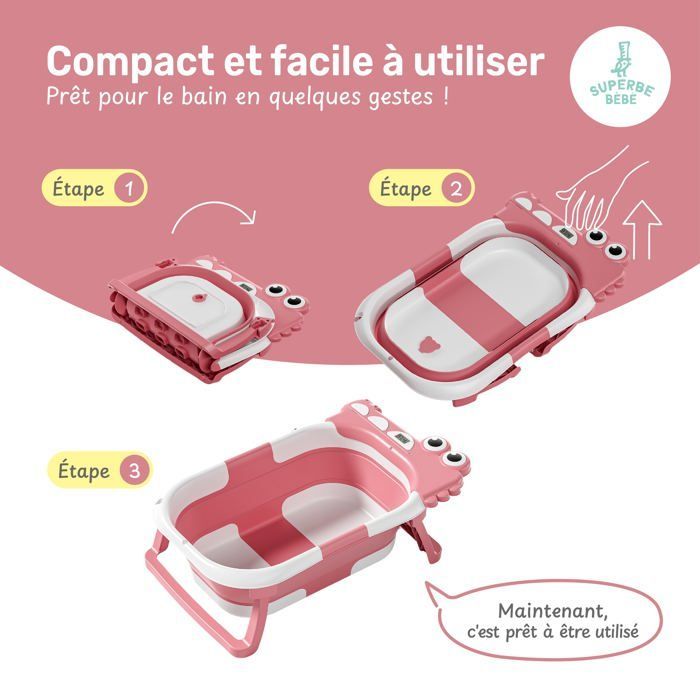 Vaschetta da bagno pieghevole per neonati - Termometro e cuscino inclusi - DINOSAURO - Rosa | SUPERB BABY