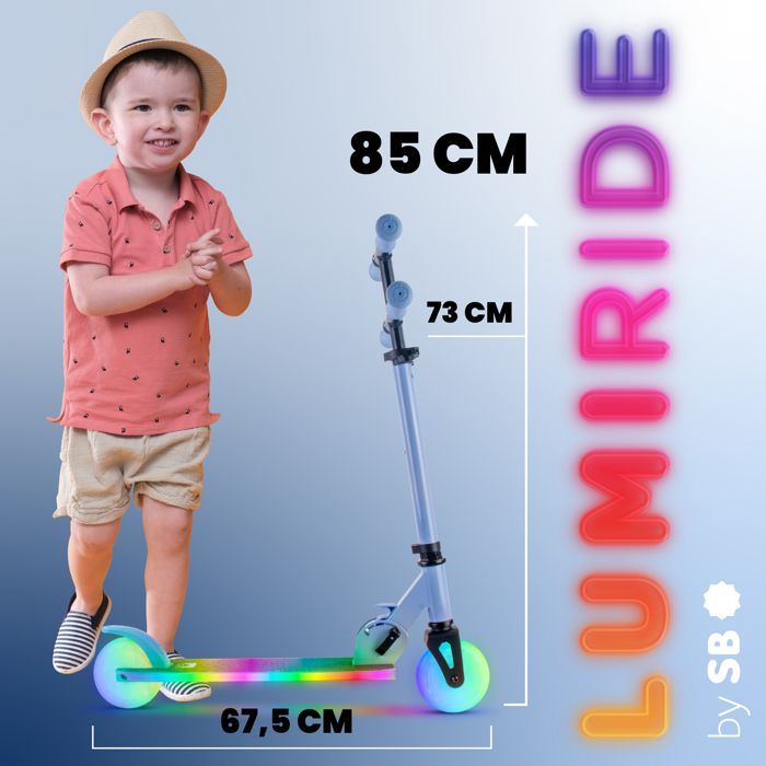 Patinete infantil LUMI RIDE - 2 ruedas, 7 colores LED, 20 programas - A partir de 3 años, 50 kg, plegable, ajustable - Azul