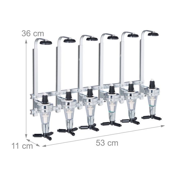Relaxdays doseur bouteille, mural, dosage 3 cl pour 6 bouteilles, accessoire bar, H x L x P : 53 x 36 x 11 cm, argenté