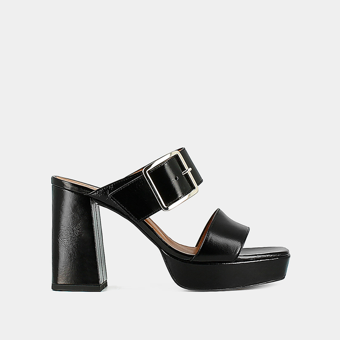 Mules à talons et boucles  en cuir vieilli noir