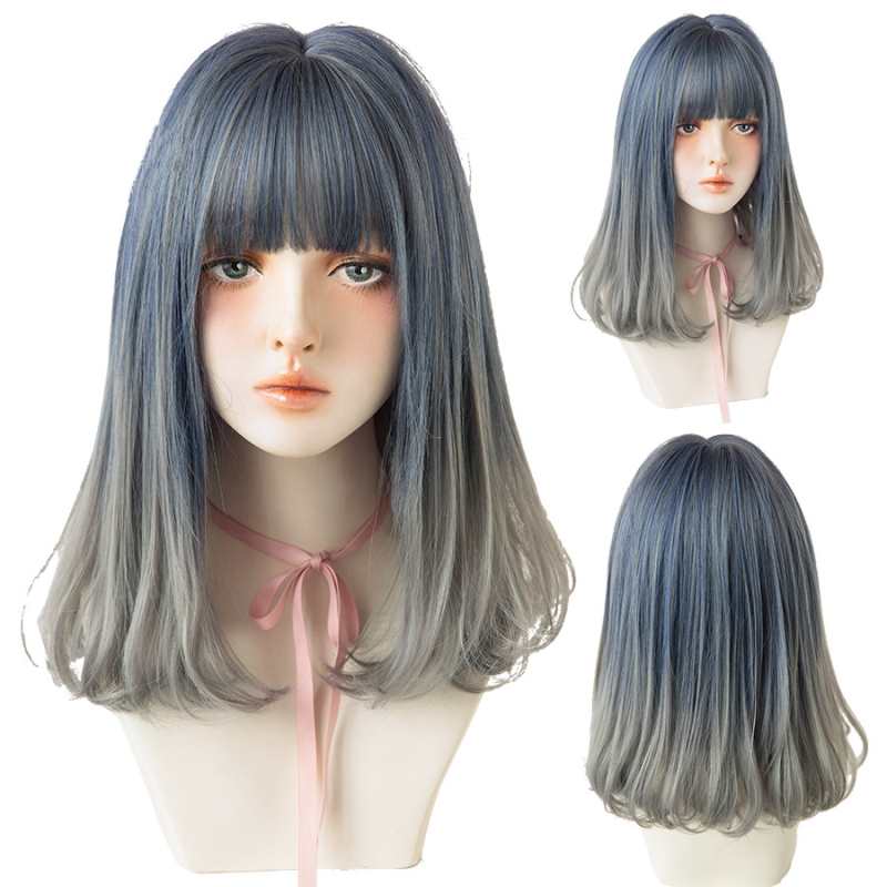 Omber Blue Gray Wigs 18 Inch Medium Length Straight Hair Synthetic Wigs with Fluffy Bangs for Women Heat Resistant Dance