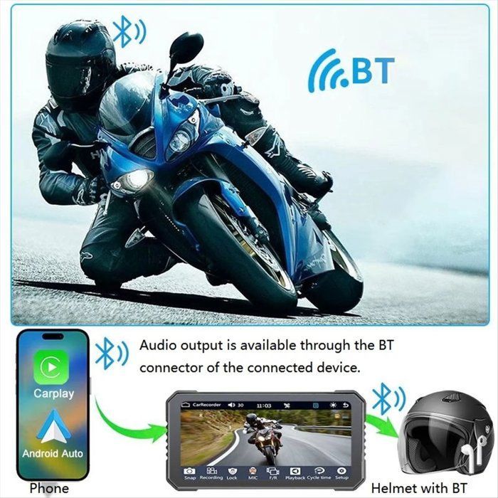 DVR para motocicleta de 6,25 pulgadas, inalámbrico, compatible con CarPlay y Android Auto, monitor de navegación GPS, Bluetooth, pantalla táctil y resistente al agua.