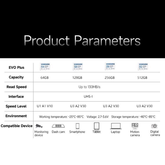 SAMSUNG EVO Plus Carte TF 64 Go U1 A1 V10 Carte Micro SD haute vitesse jusqu'à 130 Mo - s Vitesse de lecture pour la surveilla-I