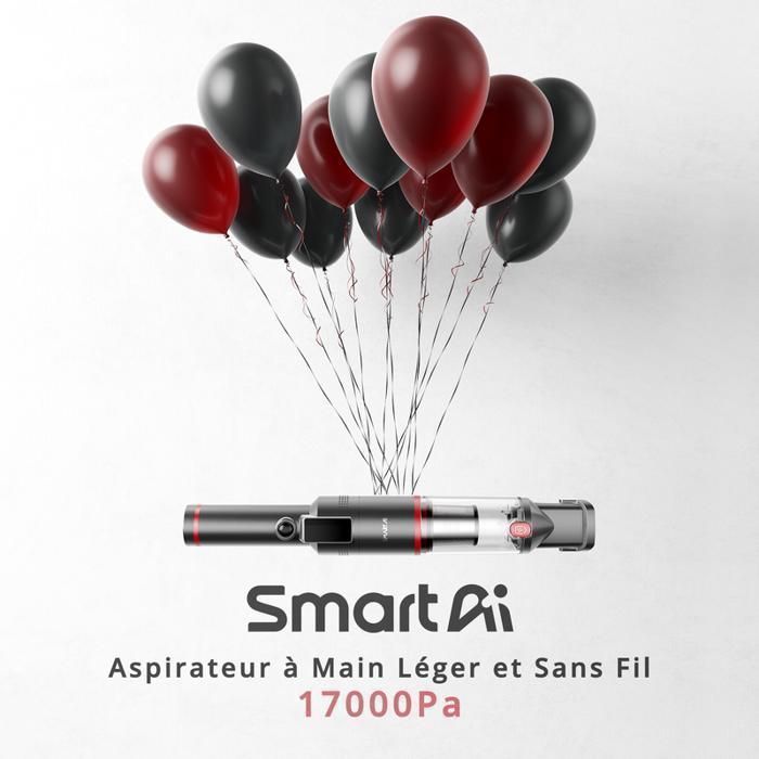 Aspirateur à Main Sans Fil Rechargeable - SmartAI H5 - 145W/17000Pa - jusqu 30 Mins - Affichage LED - Voiture,Maison,Poils d'animaux