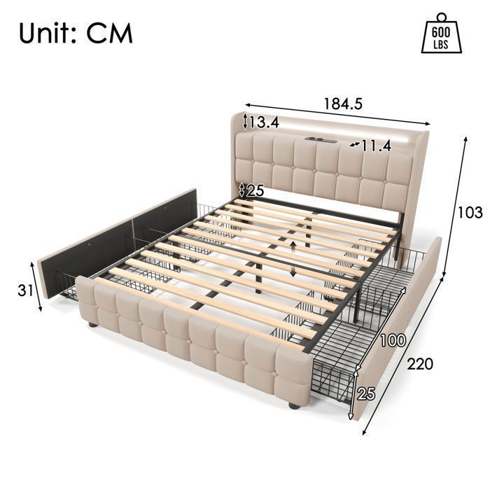 Cama doble tapizada de 180x200cm, cama adulta con iluminación LED, cajones y cargador USB, cama con espacio de almacenamiento, con somier de láminas, color beige.