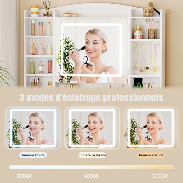 Coiffeuse Grande avec Miroir , LED Réglable, Prise et Port USB, 15 Tiroirs, 105X40X140cm，Blanc