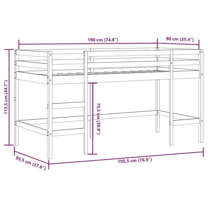 Cama alta infantil vidaXL con cortinas, cama elevada para niños con escalera, mueble de almacenamiento para dormitorio, estilo moderno, color blanco.