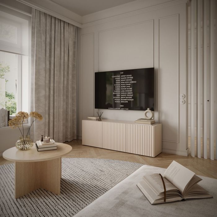 Mobile TV basso con 3 ante e frontali a doghe scanalate – SUNDS – 150 cm – beige cashmere