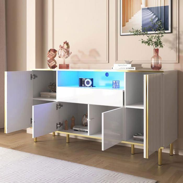 Aparador Lemonbest de 150 cm, blanco brillante, con luz LED, compartimento abierto, 4 puertas y 1 cajón. Cajonera de 150 x 40 x 80 cm.
