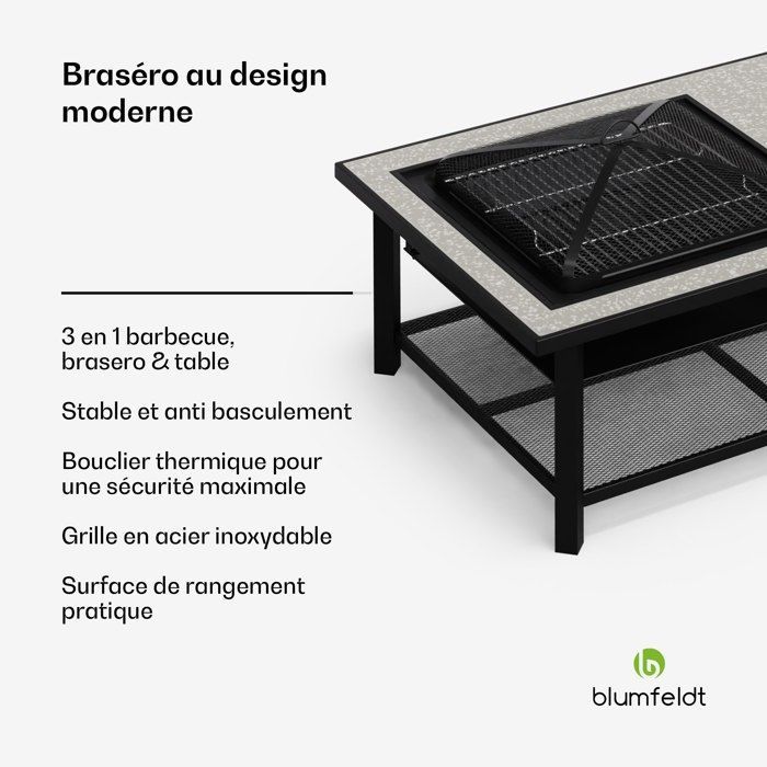 Blumfeldt Merano Avanzato L 3-in-1 Feuerstelle mit Grillfunktion, auch als Tisch verwendbar, 122 x 87 cm, Schwarz