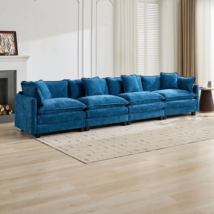 Canapé modulable 4 places en chenille bleu FloraGrace