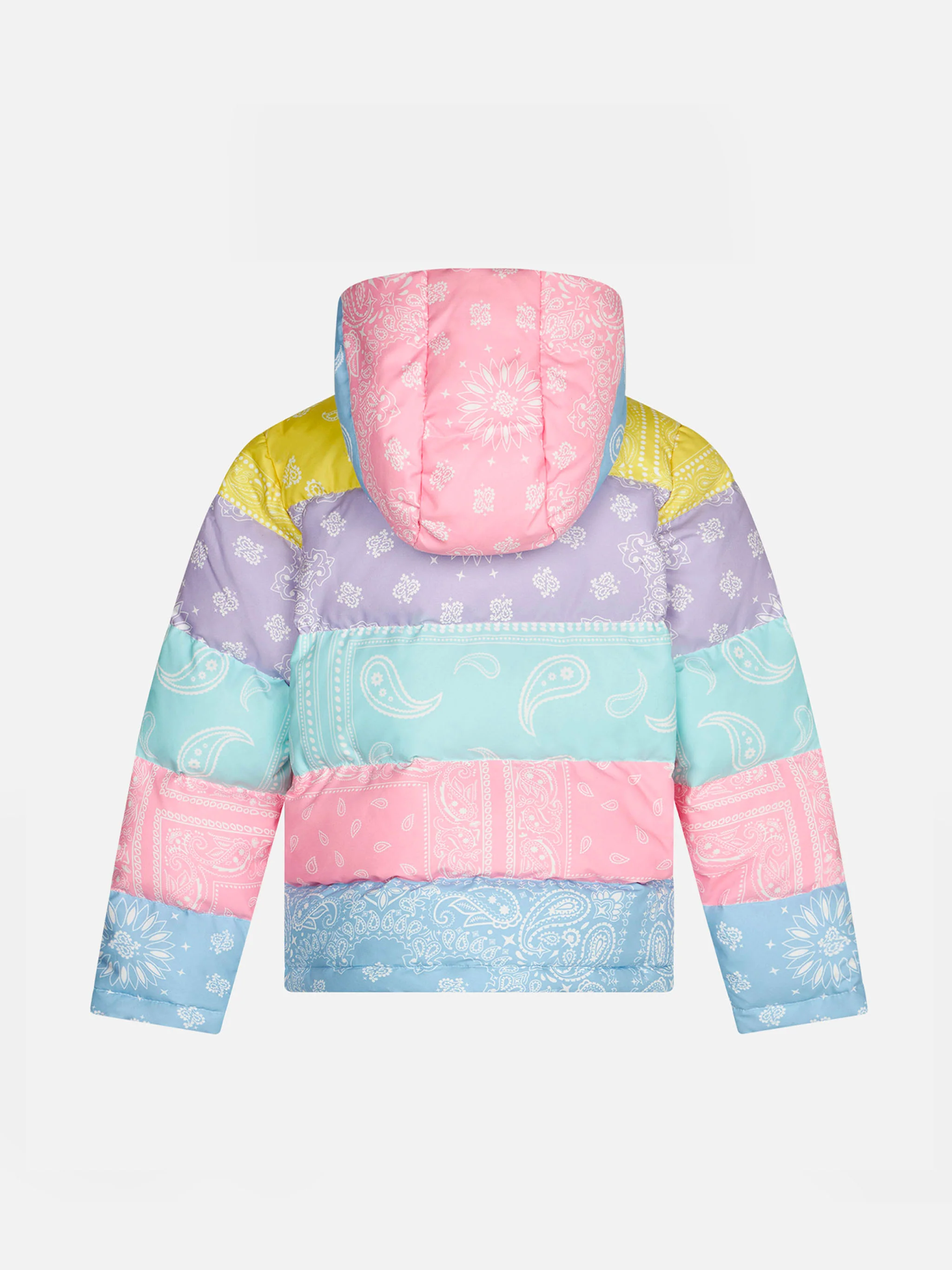 Chaqueta de plumas para niña con capucha acolchada y estampado de pañuelo.