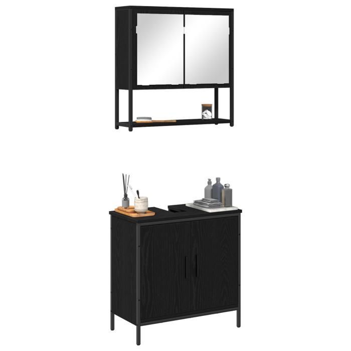 Conjunto de muebles de baño - Roble negro - 2 piezas - Madera de ingeniería - Diseño de montaje en pared