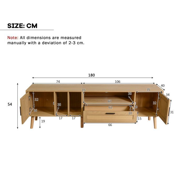 MODERNLUXE 180cm tv-meubel, rotan afwerking, 2 deuren en 1 lade, massief houten poten, naturel