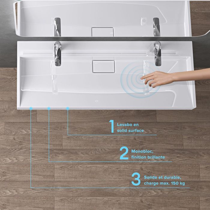 Lavabo mural Doporro con desagüe, blanco, 120x46x11cm, lavabo rectangular con 2 orificios, Colossum19