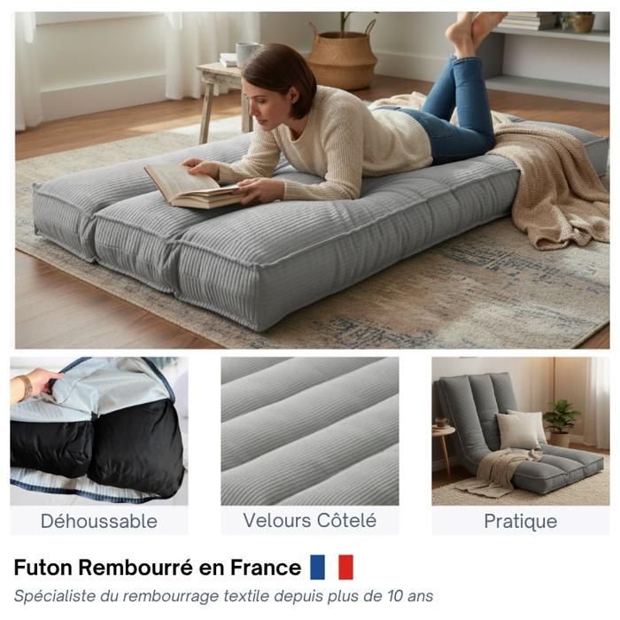 Futon com capa removível - 90 x 190 cm - Bananair - Cinza claro