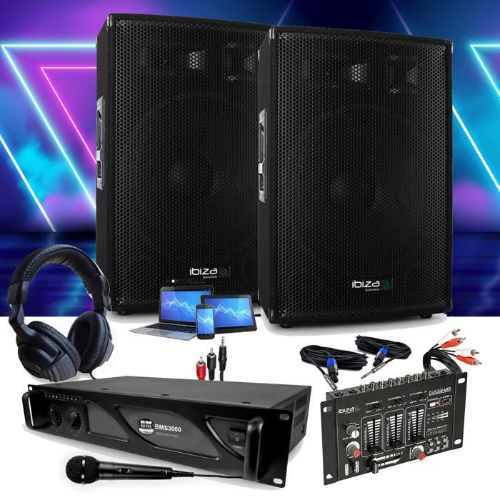 IBIZA SOUND DISCO12B PA System Package: 2 x 1200W Speakers + 3000W PRO DJ Amplifier + DJ21 USB Mixer + Complete Cabling