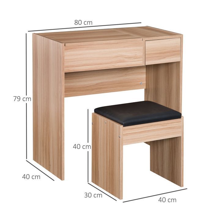 HOMCOM Coiffeuse avec Tabouret, Table de Maquillage avec Miroir, Plateau Abattant et Boîtes de Rangement, Naturelle
