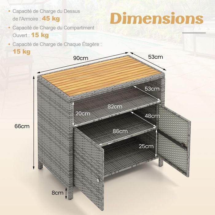 COSTWAY Coffre de Rangement en Rotin avec Plateau en Acacia, 2 Portes, Armoire de Jardin en Osier pour Piscine Terrasse Patio, Gris