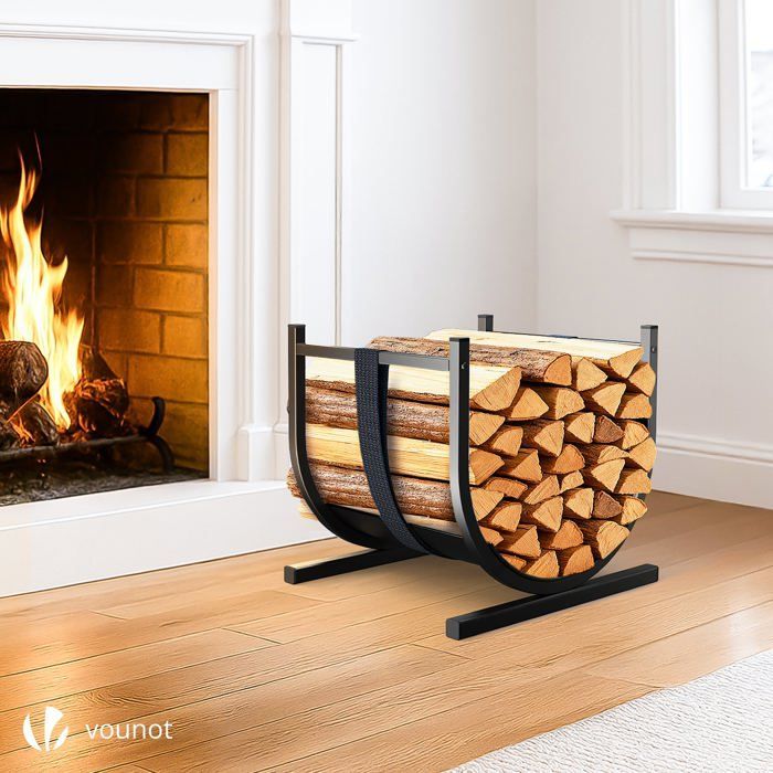 Soporte para leña VOUNOT® con correa de seguridad 41x37x39,5cm - Soporte metálico para leña para chimenea - Leñero negro