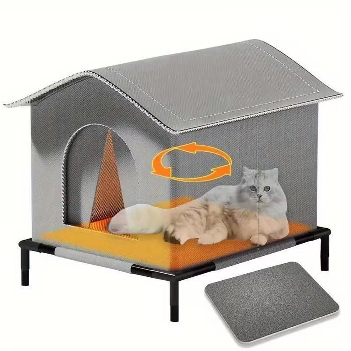 Caseta de exterior para gatos - Refugio exterior con alfombra y suelo elevado, tienda de campaña con aislamiento térmico de invierno para mascotas, color gris.