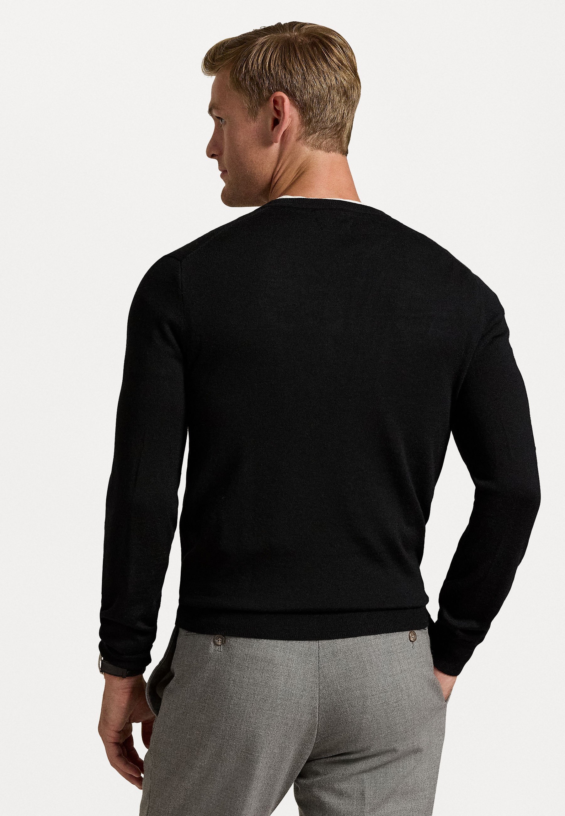 Pull Polo Ralph Lauren coupe slim en laine lavable à col rond - Noir